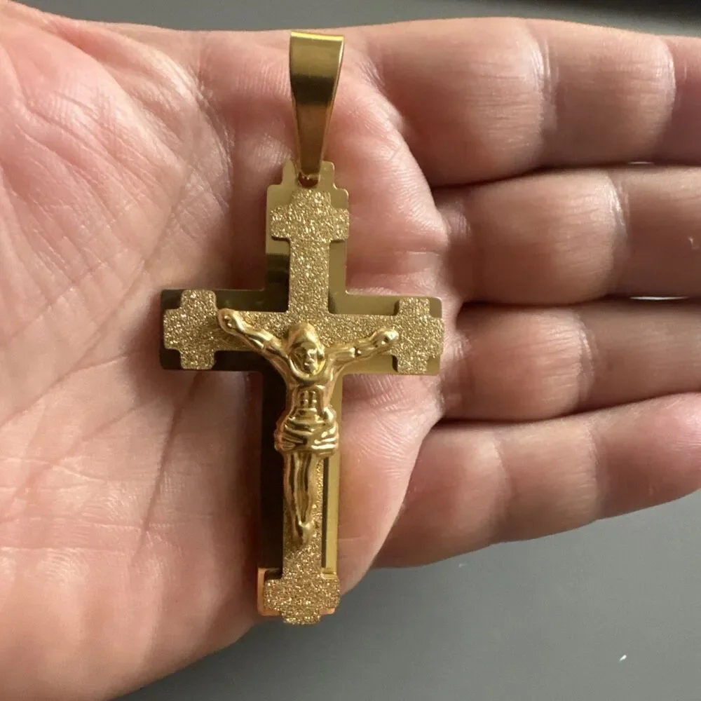 Gold Tone Cross Jesus Pendant 24” Chain Christ Stainless Steel Catholic Gift
